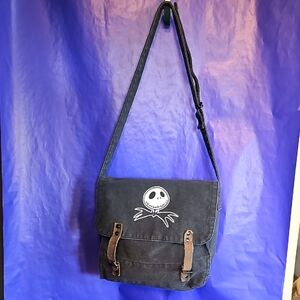 Black Canvas Messenger Bag with Skull Design
